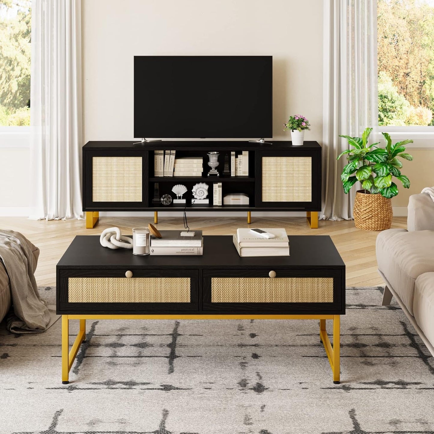 Rattan Coffee Table with 2 Drawer 45.6'' Wood Coffee Table with Storage Boho Dining Table with Rattan Drawer Accent Center Sofa Table with Storage Shelf, Small Coffee Tables for Living Room