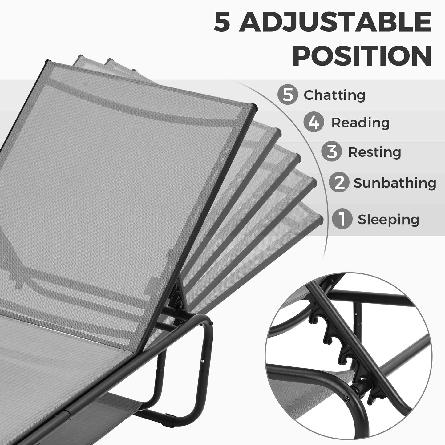 Ainfox Patio Lounge Chair Set of 2, Recliner with Adjustable 5-Position and Storage, Outdoor Chaise Lounge for Beach,Poolside,Grey/Grey