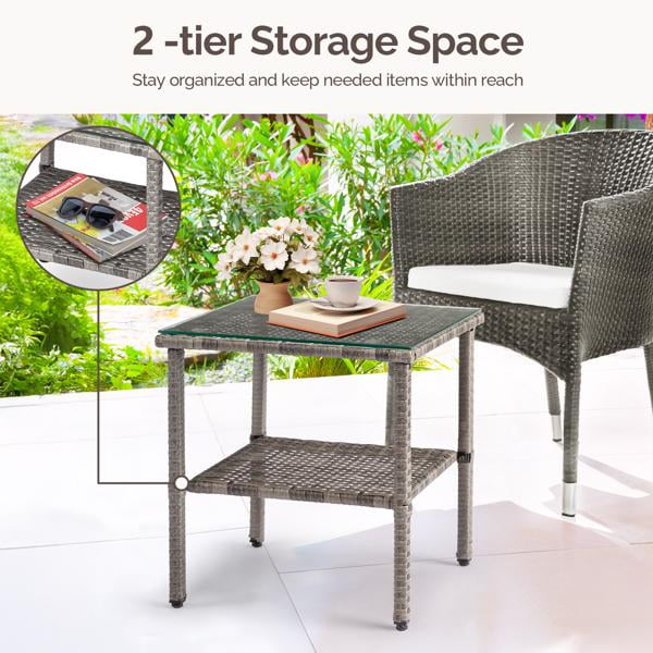 Square Double Layer Glass Top Side Table, Gray Gradient Rattan, Steel Frame, Outdoor Patio Furniture