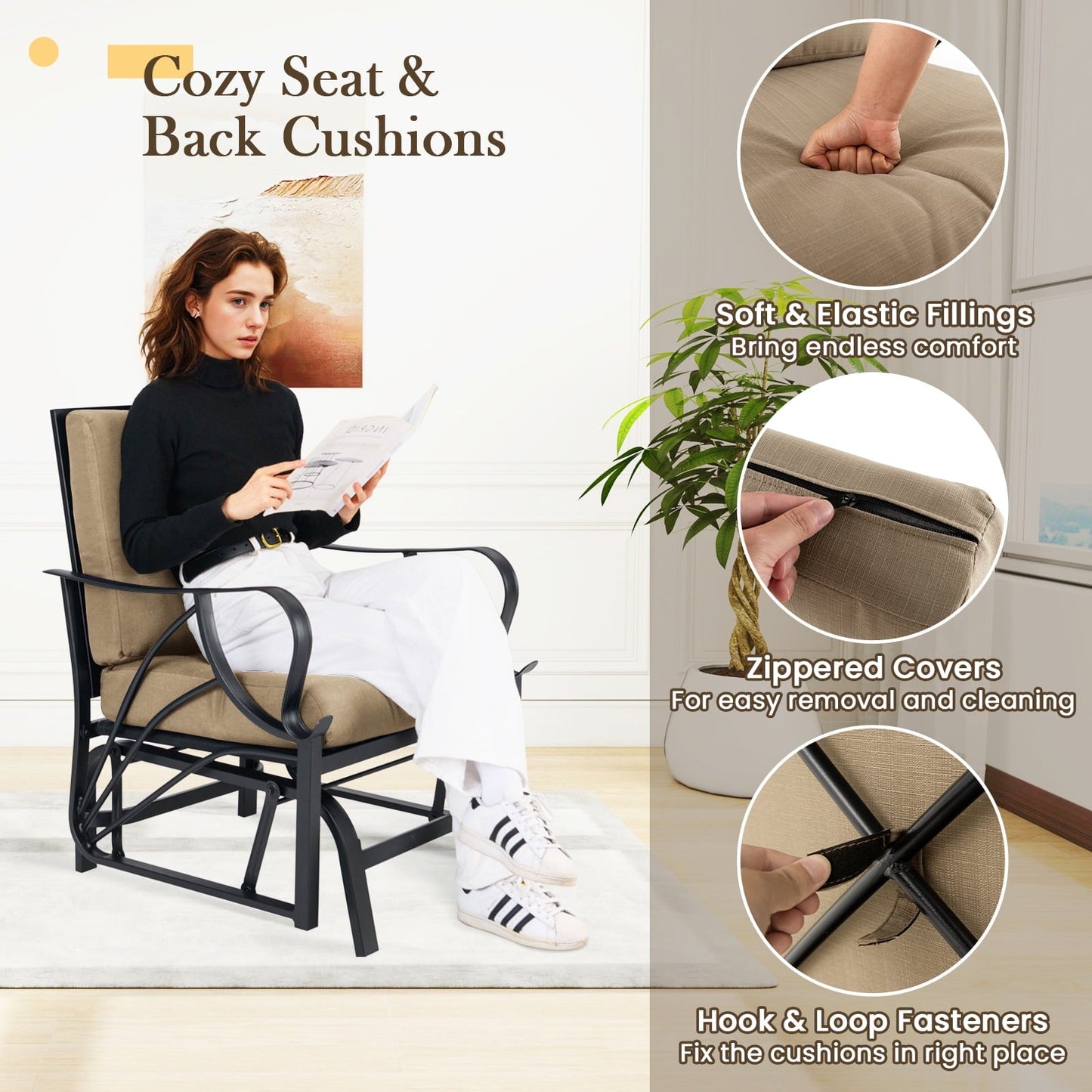 Topbuy 2 Pcs Outdoor Glider Chair Smooth Rocking Single Chair w/ Thick Cushions & Heavy-Duty Metal Frame Tan