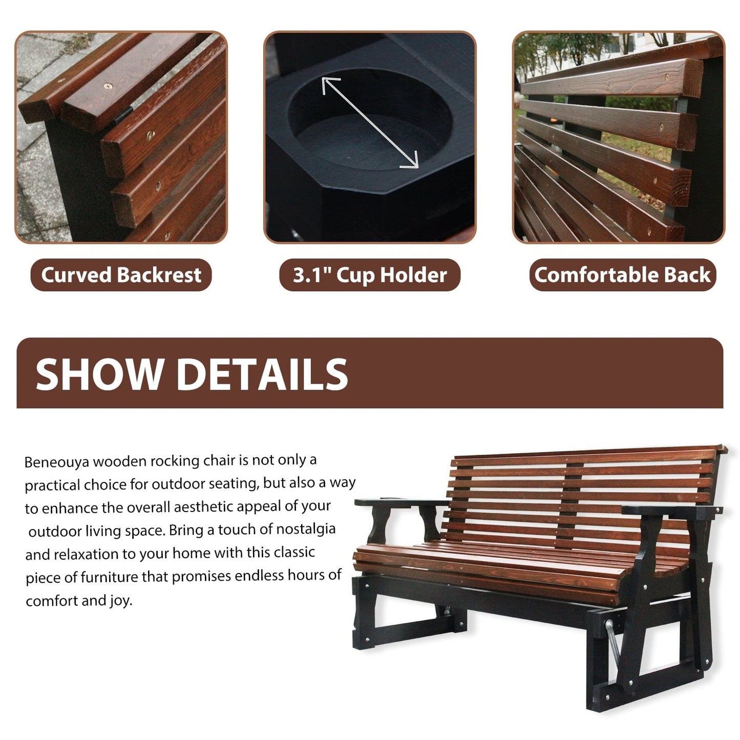 Beneouya Outdoor Glider Bench, Wooden Glider Chair with Cup Holders for Backyard, Garden Porch, Home, Dark Grey and Dark Brown
