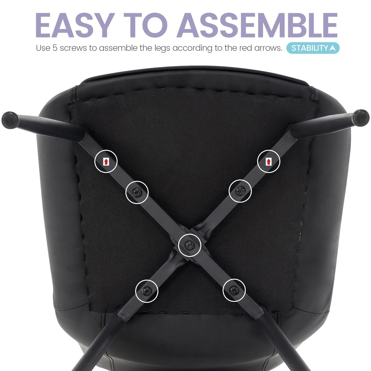 Dining Chairs Set of 2, PU Leather Armless Kitchen Chairs with Backrest, Thick Cushions, Sturdy Metal Legs, Modern Upholstered Dining Room Chairs (Black)