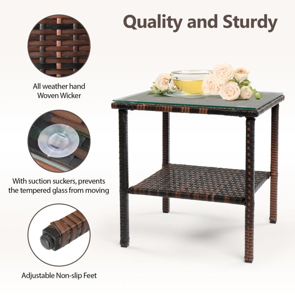 Square double layer glass table top brown gradient rattan side table