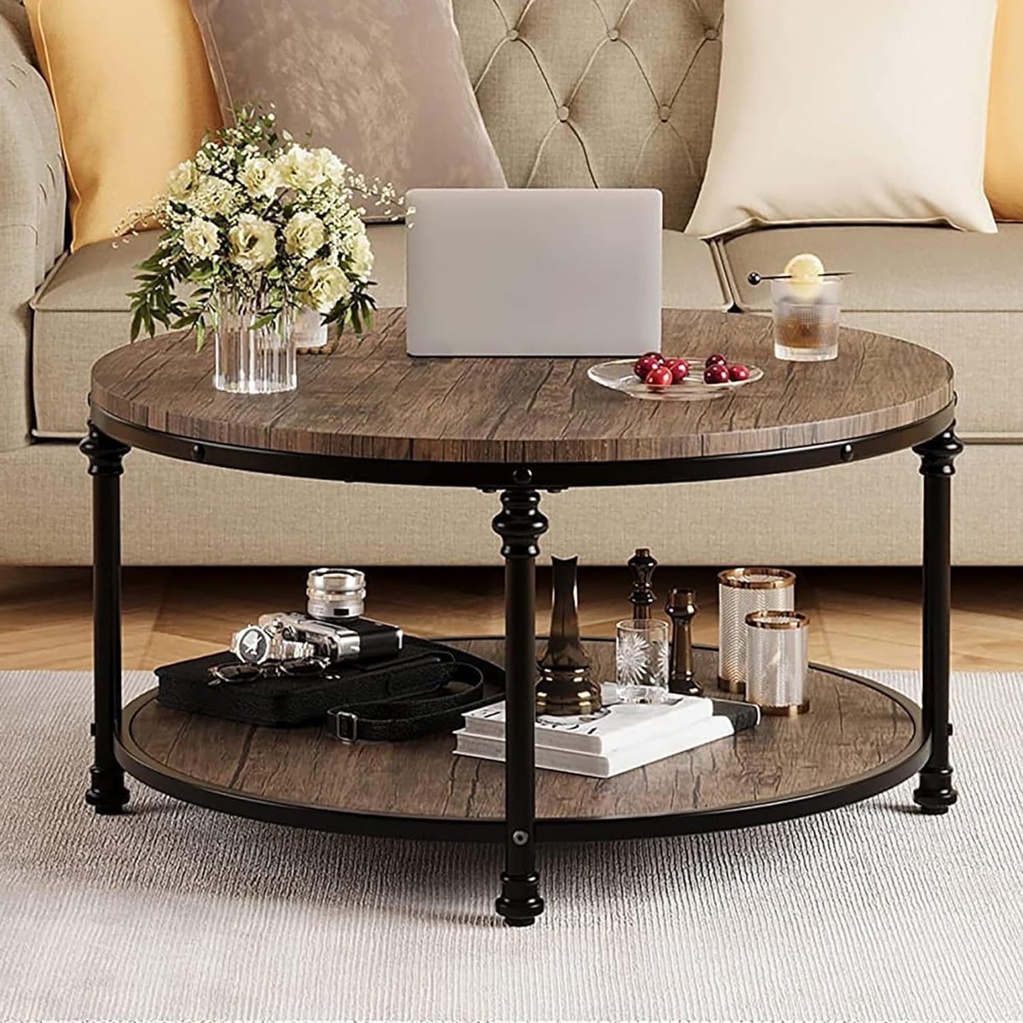 2-Tier Round Wood Coffee Table With Storage Shelf & Roman Column Metal Frame – Rustic Circle Center Table With Easy Assembly for Living Room, Reception Room ，30.5" x 30.5" x 18", Wood Grain Brown