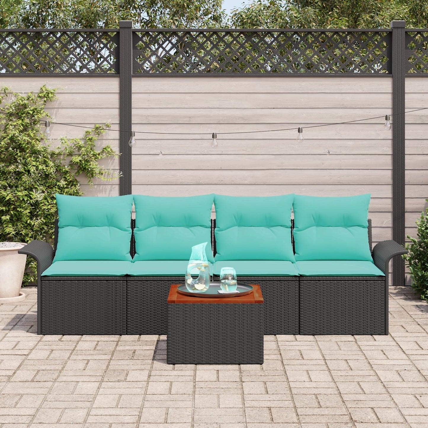 vidaXL 5 Piece Garden Sofa Set with Cushions Black Poly Rattan Acacia, vidaXL 2-Seater Garden Sofa with Cushions Black Poly Rattan