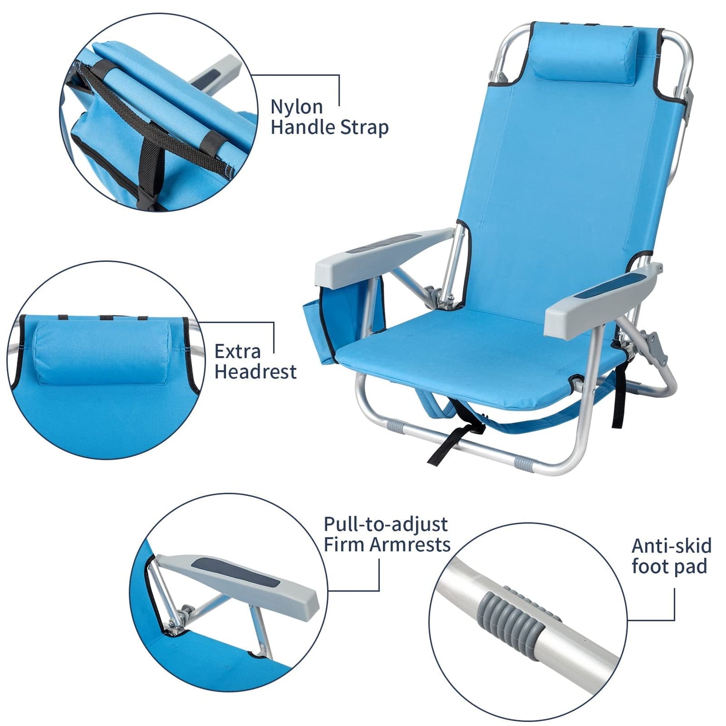 Beach Chairs with 5-Position Recline, 330lbs Folding Backpack Beach Lounge Chairs with Storage Pockets, Cup Holder & Towel Bar, Portable Aluminum Lay Flat Camping Chairs for Travel, Pool & Outdoor