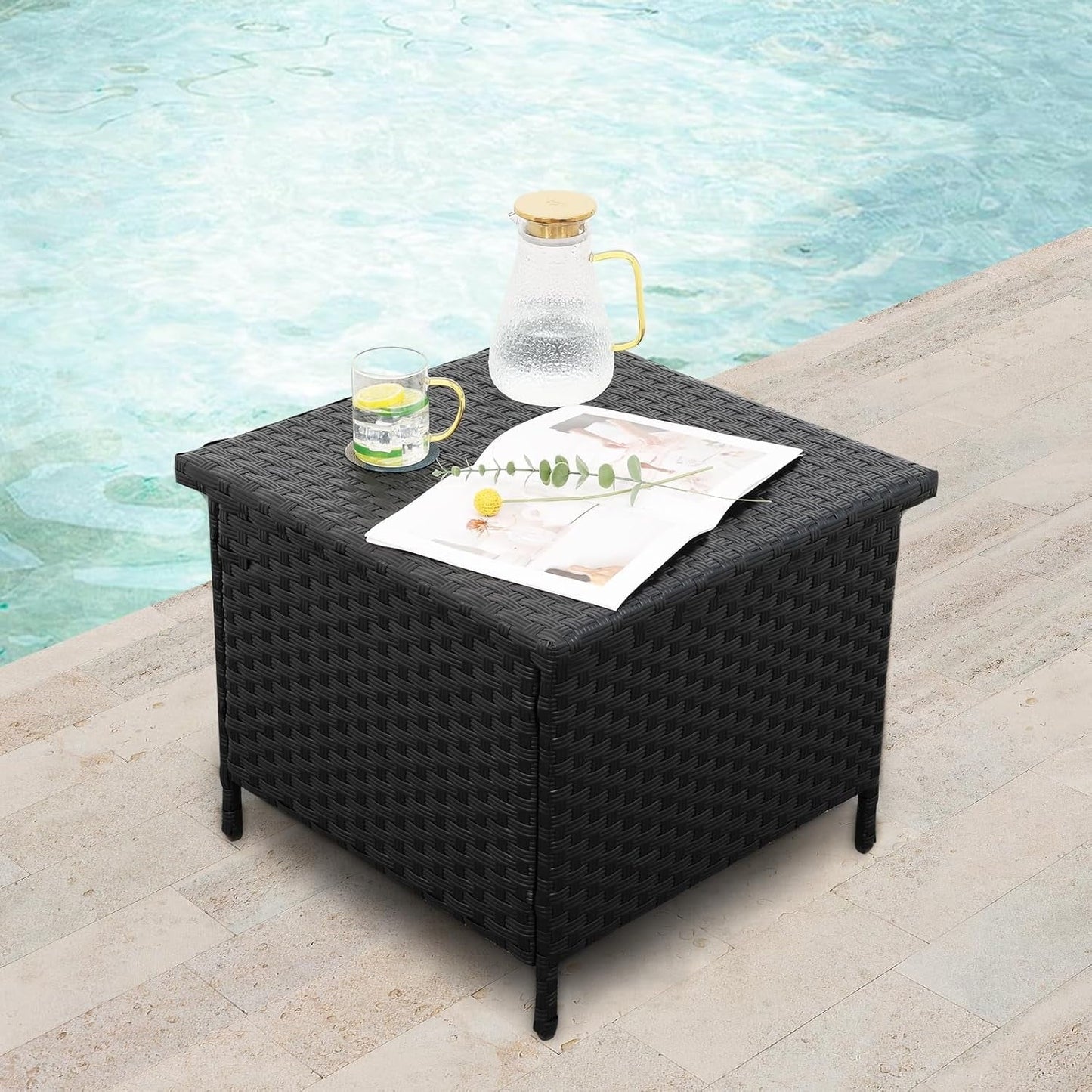 VibrantEcho Outdoor PE Wicker Side Table with Storage Patio End Table Resin Rattan Storage Table for Garden Backyard Porch Poolside, Black