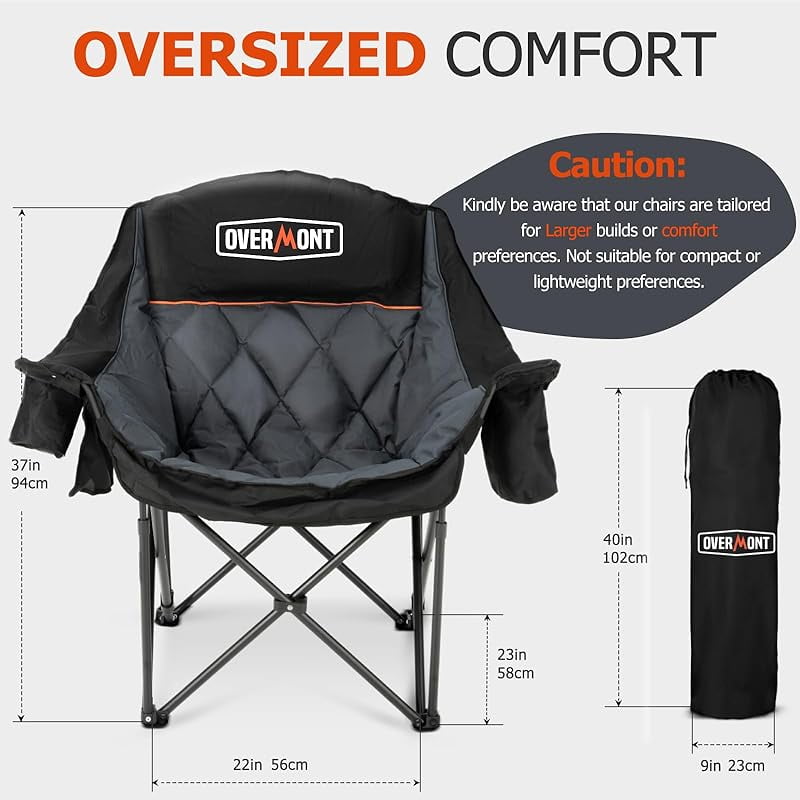 Oversized XL Camping Chair for Adults - 450lbs Support Heavy-Duty Padded Folding Chair with Side Pocket Cup Holder Cooling Bag