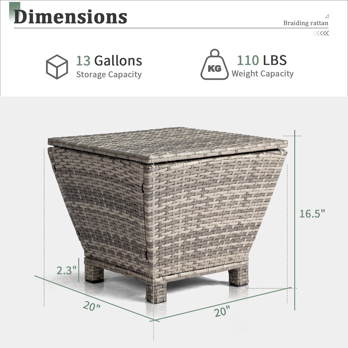 Funnil Outdoor Wicker Side Table for Patio Deck Garden, All-weather Rattan Small Storage Box End Table, Resin Coffee Table with Iron Frame, Gray