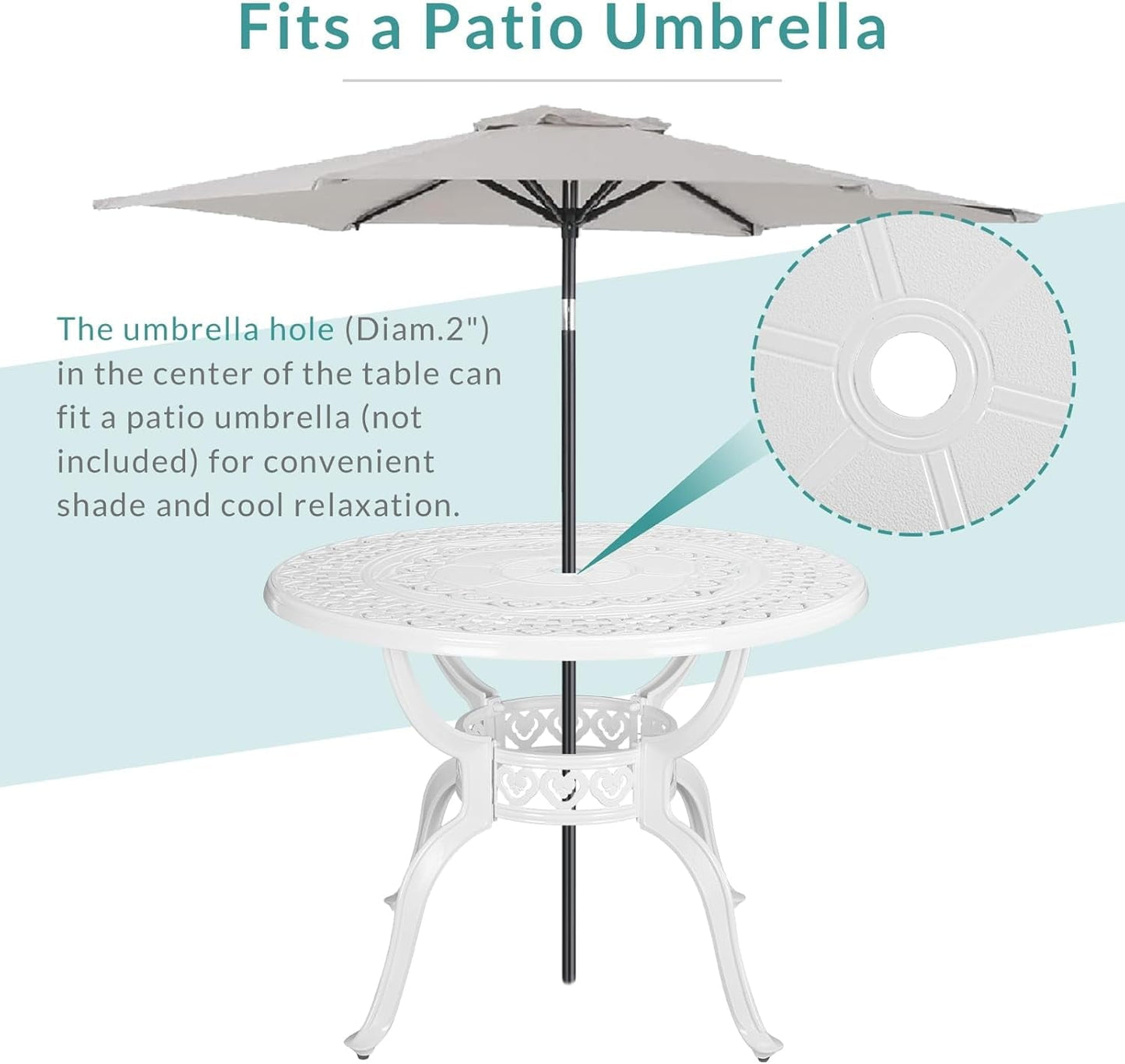 MEETWARM 38.5" Round Patio Dinning Table, Outdoor Cast Aluminum Dinning Table with 2" Umbrella Hole, White