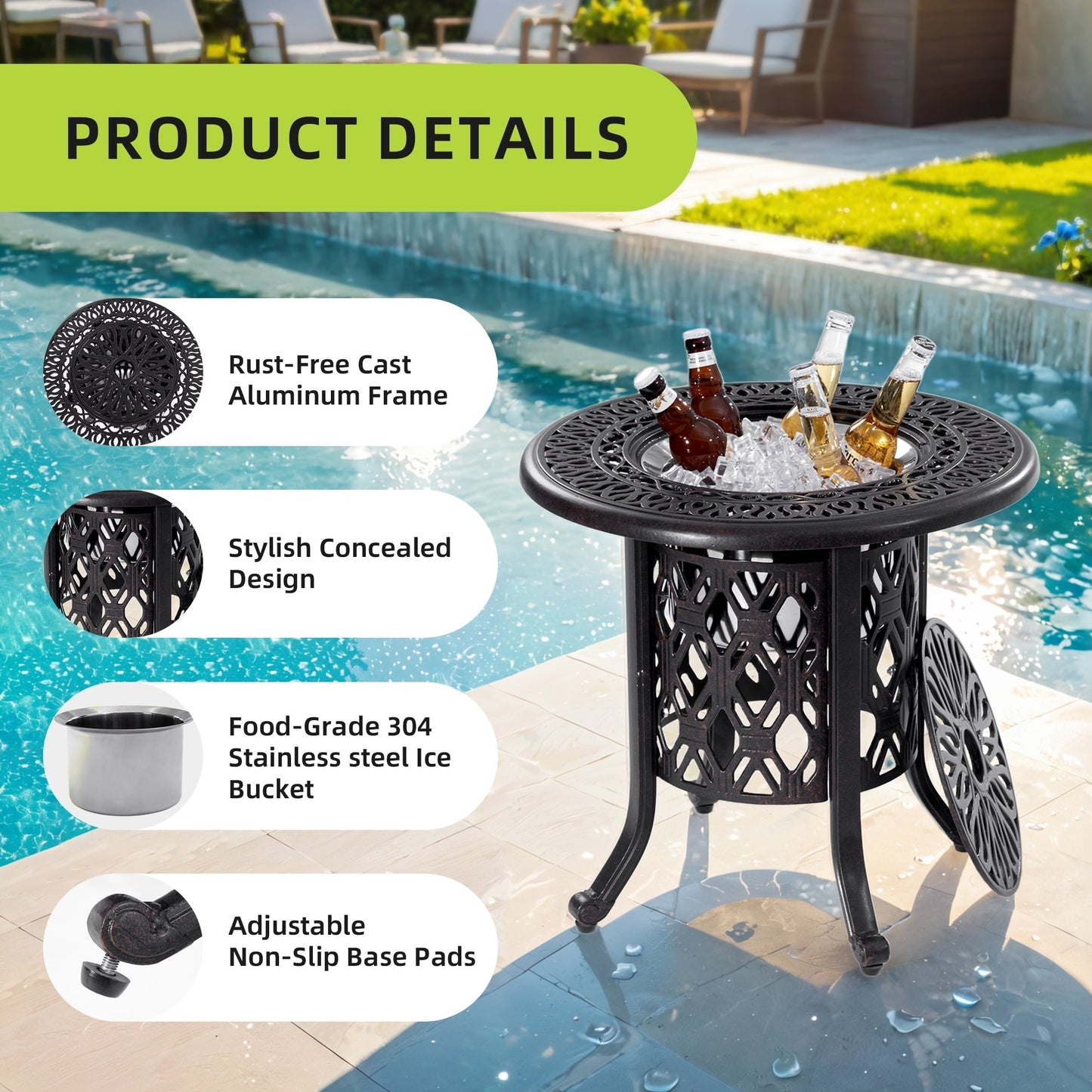 MRFMJ 21" Side Table with Removable Ice Bucket- Rustproof Cast Aluminum Frame for Indoor & Outdoor, Patio, Balcony