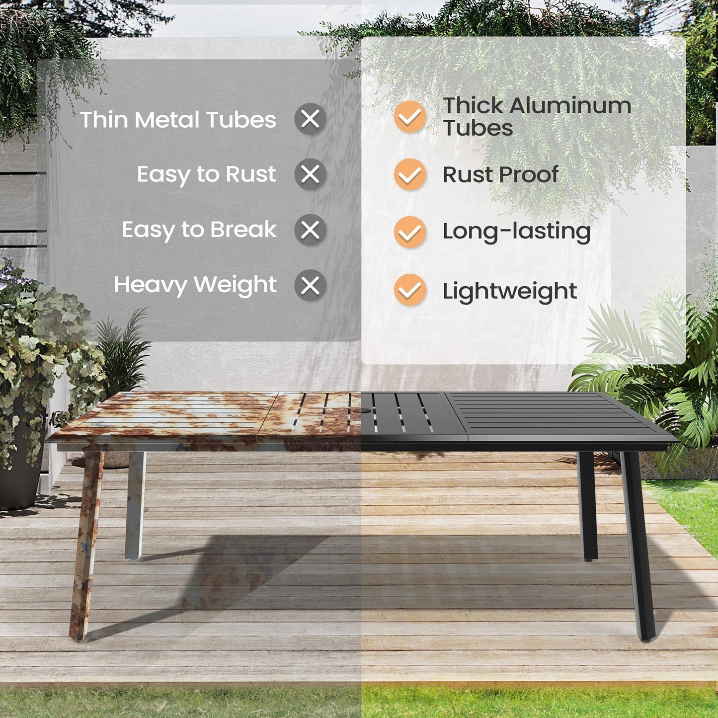 Pellebant 83" Aluminum Outdoor Dining Table for 8, All-Weather Rectangle Patio Table with Umbrella Hole for Backyard, Lawn, Garden and Poolside, Glossy Black