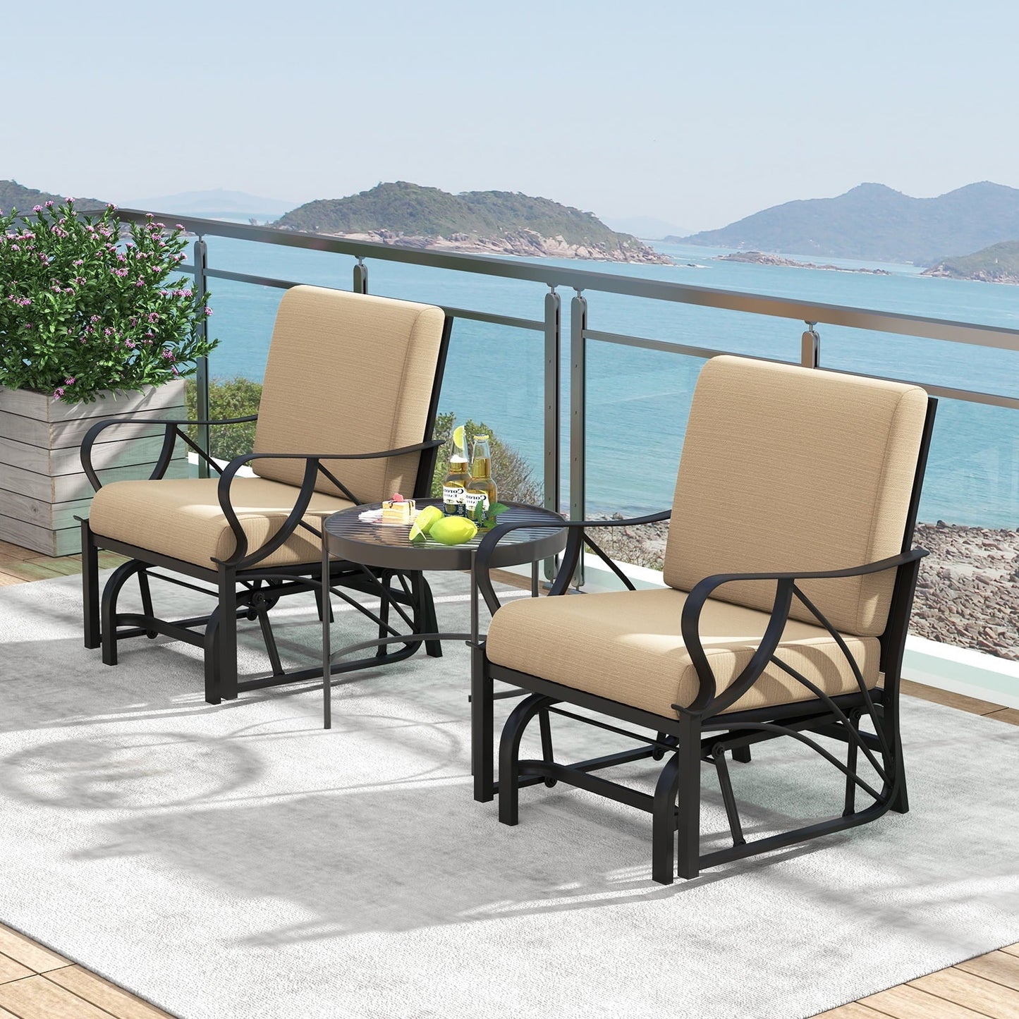 Topbuy 2 Pcs Outdoor Glider Chair Smooth Rocking Single Chair w/ Thick Cushions & Heavy-Duty Metal Frame Tan