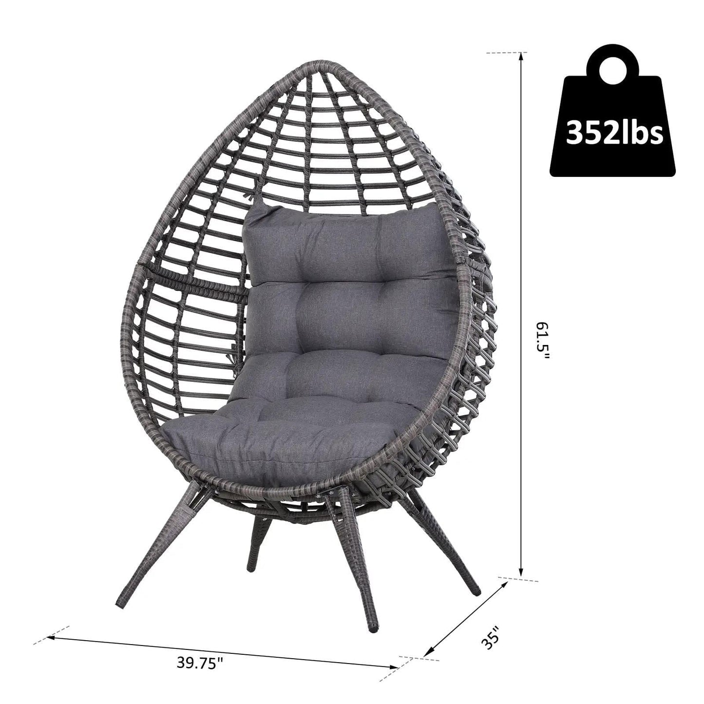 Resenkos Elevated Wicker Egg Chair With Soft Cushion, Teardrop Seat for Indoor/Outdoor Patio Use, Adjustable Height Plastic Rattan Furniture With Padded Feet, Gray