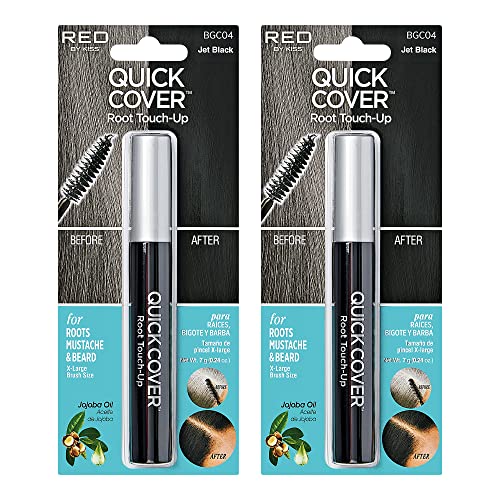 RED by KISS Quick Cover Root Touch Up Rescue (Jet Black 2 Pack), Mascara Natural Water-Resistant Temporary Gray Concealer Cover Up Brush for Hair Mustache & Beard, Formulated with Jojoba Oil