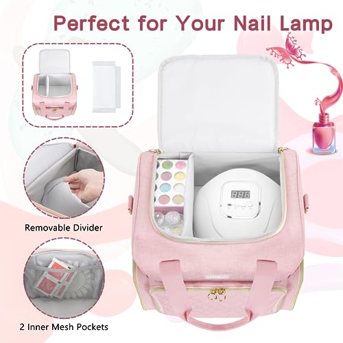 Nail Polish Organizer Holds 80 Bottles and a Nail Lamp,Nail Polish Carrying Case with 2 Removable Bags,Nail Organizers and Storage for Nail Tech,Portable Nail Polish Holder for Nail Supplies,Pink