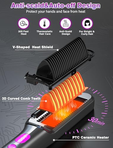 Hair Straightener Brush with Negative Ion,3 IN1 Hair Straightening Brush with Essential Oil Infusion,Brush Straightener for Women,Dual Voltage for Travel, Anti-Scald,9 Digital Temp-Setting