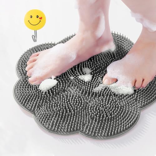 Shower Foot Scrubber Mat,Shower Foot and Back Scrubber with Suction Cups,Back Scrubber for Washer with Storage Hooks,Massager Cleaner Wash Brush(Gray)