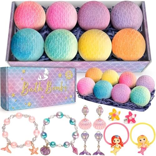 8 Packs Mermaid Bath Bombs for Kids Girls, Bubble Bath Bomb Kit with Surprise Toys Inside, Bath Toys for Kids Aged 4-8, Ideal Birthday Christmas Gifts Stocking Stuffers for Girls 3 4 5 6