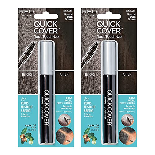 RED by KISS Quick Cover Root Touch Up Rescue (Natural Dark Brown 2 Pack), Mascara Natural Water-Resistant Temporary Gray Concealer Cover Up Brush for Hair Mustache & Beard, Formulated with Jojoba Oil