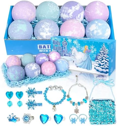 Bath Bombs for Kids with Surprise Inside, 8 Pack Bath Bombs with Frozen Toys, Princess Jewelry & Cross-Body Bag, Natural Fizzy Bubble Bath Balls with Jewelry Set, Christmas Birthday Gift for Girls