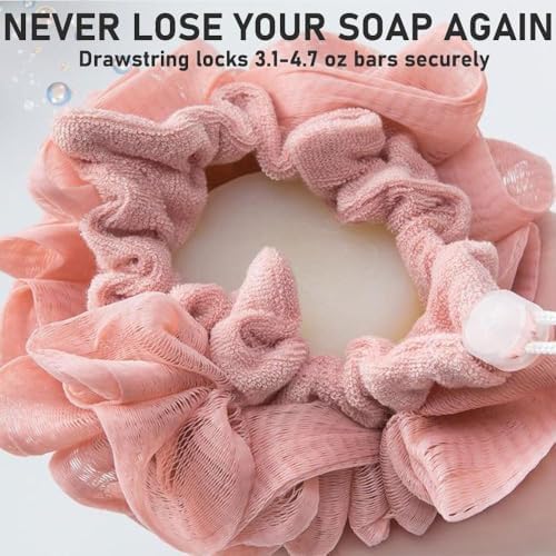 Loofah Washcloth for Bar Soap, Loofah for Bar of Soap, 2-in-1 Bath Loofah Sponge with Drawstring Shower Washcloth, Bath Sponge with Drawstring for Cleansing and Smooth Skin (2PCS Green+Coffee)