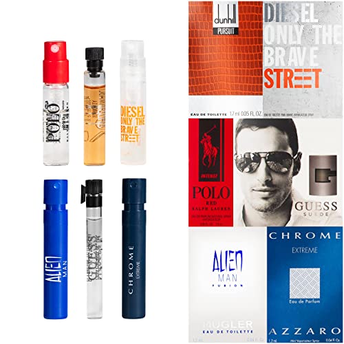 Men's Cologne Sampler Set: 6 Designer Fragrances + Pocket-Sized Pouch - Travel-Size Cologne Sample Pack Gift Set
