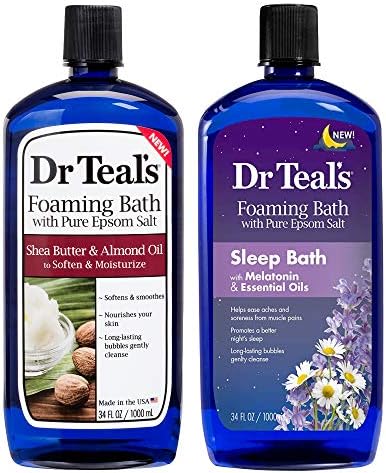 Dr. Teals Foaming Bath Variety Gift Set (2 Pack, 34oz Ea) Shea Butter & Almond Oil, Melatonin Sleep Bath - Essential Oils Blended with Pure Epsom Salt Eases Achy Muscles & Relieves Stress