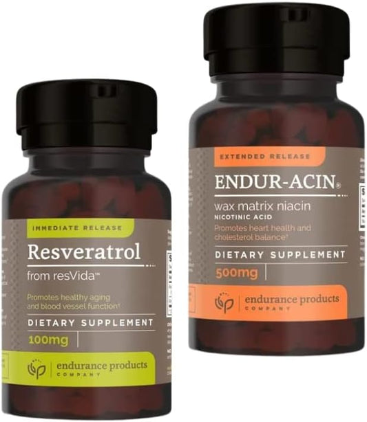 Resveratrol Supplement – Grape Skin Extract - 100mg Trans-Resveratrol Antioxidant and ENDUR-ACIN Niacin - Vitamin B3 Niacin 500mg Extended Release & Low-Flus