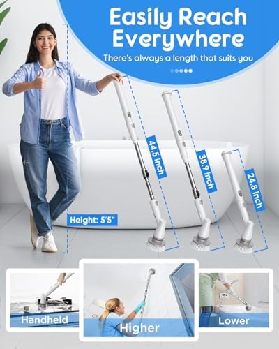 Electric Spin Scrubber with Battery Power Display, Fast-Charging Cordless Shower Scrubber with Long Handle, 4 Replaceable Brush Head, 1.5H & 2 Speeds Electric Scrubber (White)