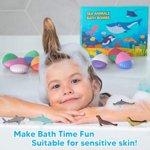 Kids Bath Bombs with Surprise Toys Inside, 12 Pack Shell Organic Bath Bombs for Kids with Ocean Sea Animals for Girls Boys Toddlers, Marine Shark Bath Bomb Gift for Easter Birthday Bubble Bath