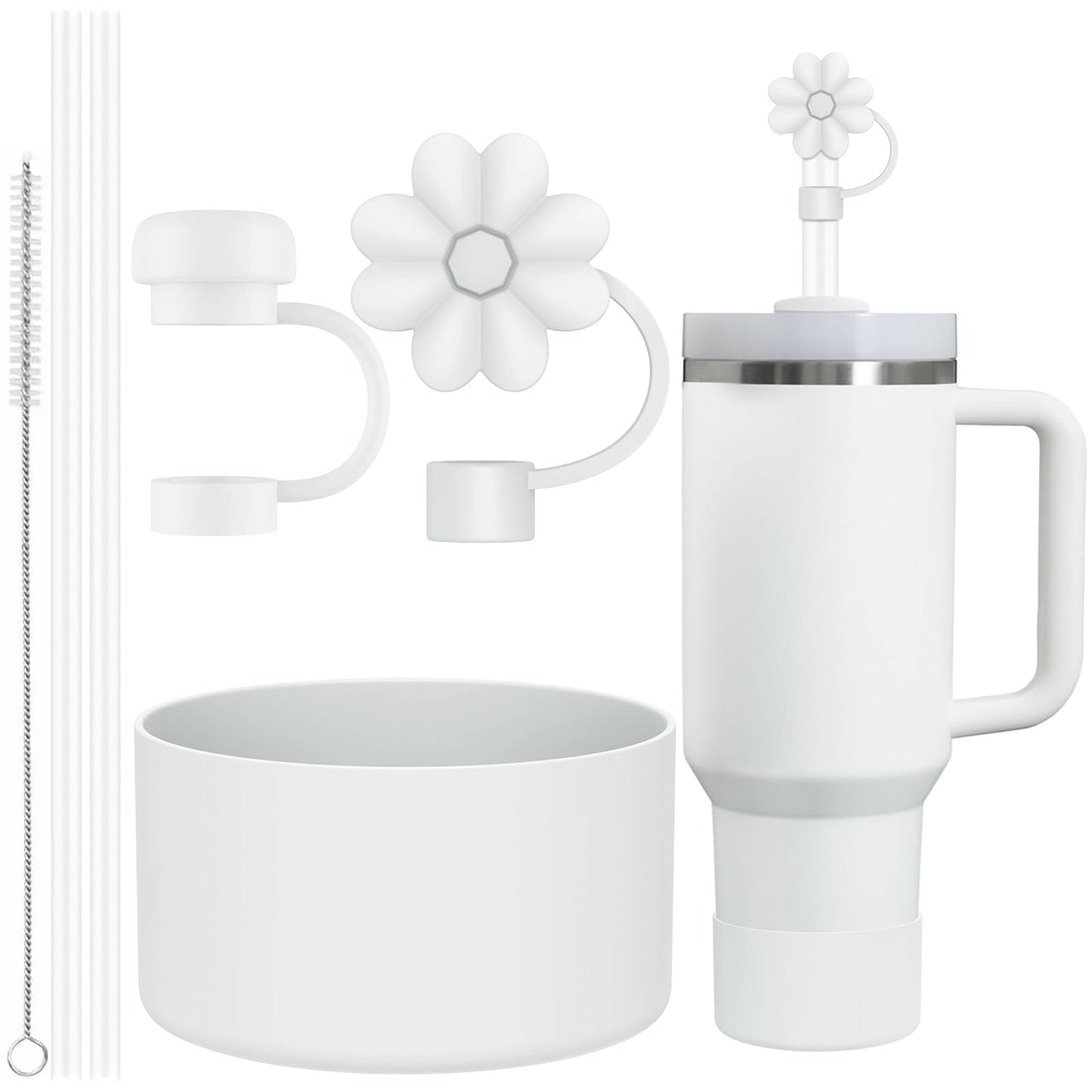 6 Pcs Accessories for Stanley Cup 20-40oz,2 Straw Covers,2 Replacement Straws,1 Straw Brush,1 Boot Included, SIlicone Straw Cover Caps Topper (White)