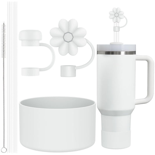 6 Pcs Accessories for Stanley Cup 20-40oz,2 Straw Covers,2 Replacement Straws,1 Straw Brush,1 Boot Included, SIlicone Straw Cover Caps Topper (White)