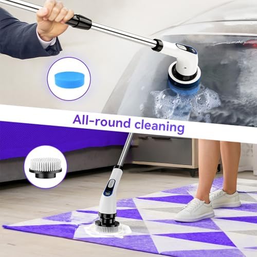 Powerful Electric Spin Scrubber Cordless — 3000mAh Cordless Bathroom Scrubber with 2 Speeds + 7 Brush Heads + 1 Wall Hanger + 3 Crevice Tools — Bathroom Cleaning Brush. Electric Shower Scrubber