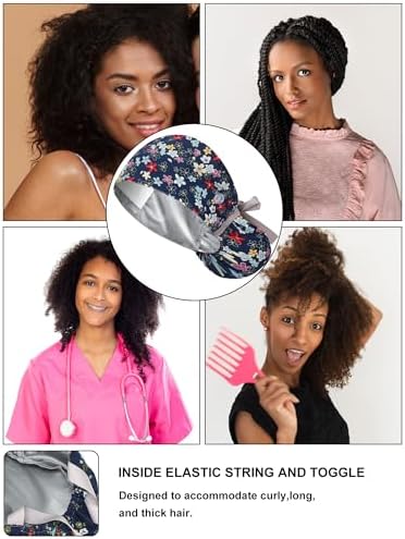 6 Pcs Satin Lined Scrub Caps Women Nurse Surgical Hat with Buttons Ponytail Working Adjustable Pouch Tie Back