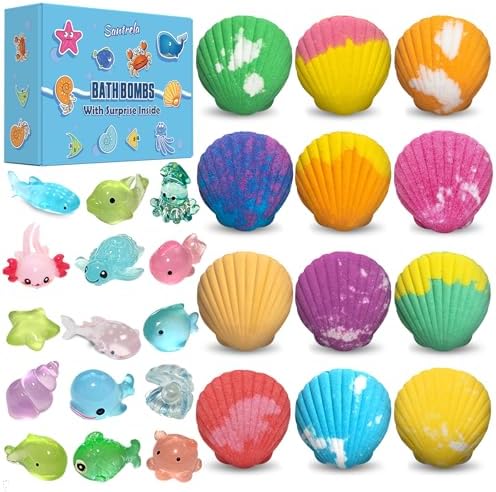 Bath Bombs for Kids with Surprise Toys Inside, 12 Pack Shell Kids Bath Bombs Gift Set for Girls Boys Birthday, Easter, Christmas, Halloween, Handmade Organic Bath Fizzy Bomb with Sea Animal for Child