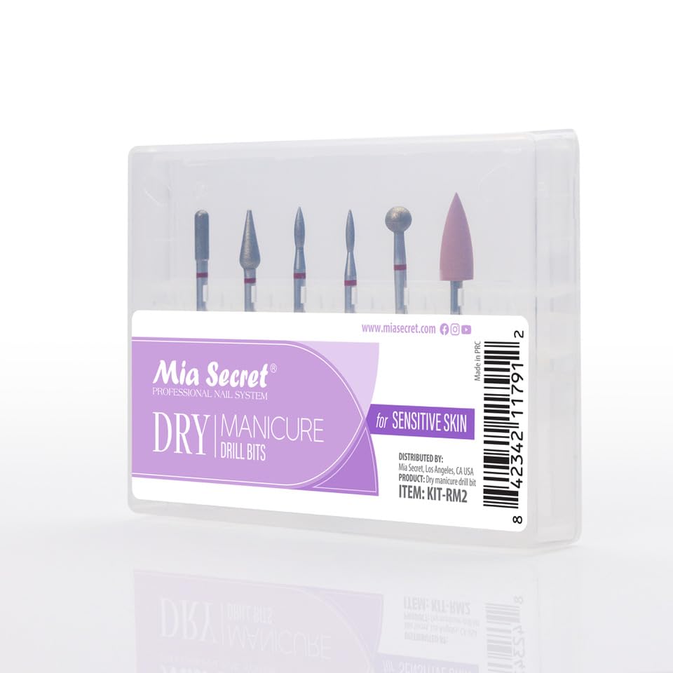 6 pcs Dry Manicure Drill Bits Set, Mia Secret DIY home and Salon nail bits for Sensitive Skin MADE IN USA