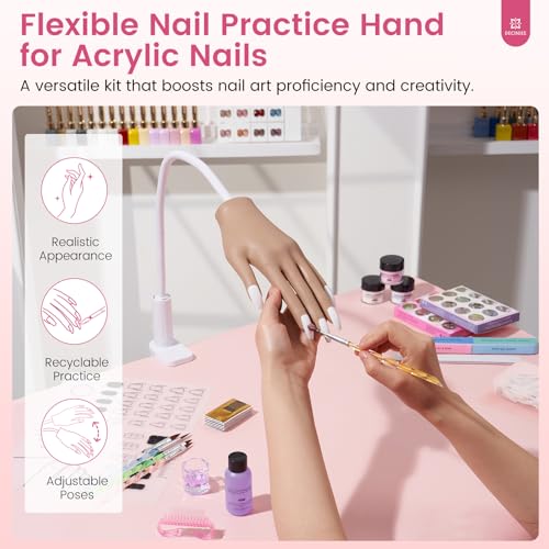 Practice Hand for Acrylic Nails Kit: Silicone Hand for Nail Practice with Acrylic Nail Kit for Beginners - Bendable Training Fake Hand Manicure Acrylic Powder Set for Salon Home