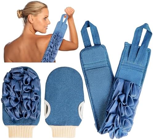 Deep Exfoliating Mitt Double-Sided Glove for Shower, with Long Exfoliating Washcloth Towel - Extreme Body & Back Scrubber Exfoliator, Body Massage Scrub & Bath Shower Loofah Sponge (2-Blue)