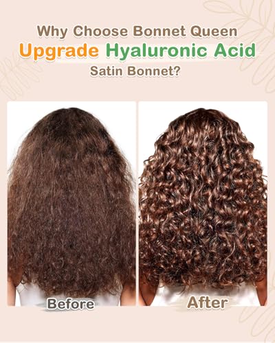 BONNET QUEEN Silk Bonnet for Sleeping Women HYALURONIC Acid Reversible Double Layer Satin Bonnet Night Sleep Cap Wrap for Curly Hair with Adjustable Tie Band & Scrunchie, Cream Pink & Rose Gold