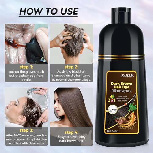 Dark Brown Hair Dye Shampoo 3 IN 1, 16.9 Fl Oz, Natural Herbal Plant Semi Permanent Covers All Gray Hair Treated for Women & Men