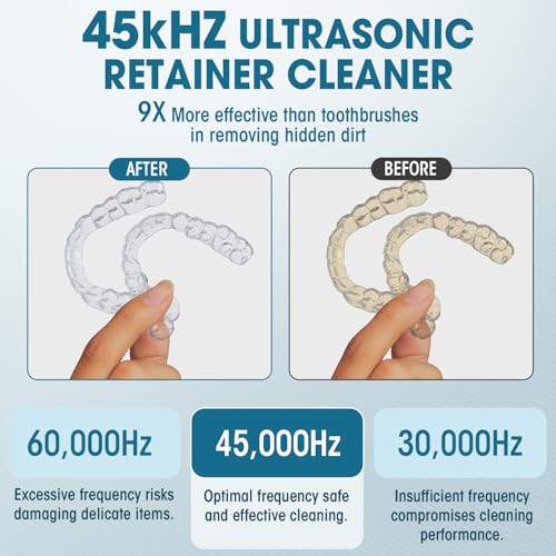 Dental Ultrasonic Retainer Cleaner Machine: Nicwell 200ML Dental Cleaning Pod for Denture, Mouth Guard, Night Guard, Braces, Tray, Aligner 45kHz Cleaner with Protection Design & Digital Timer
