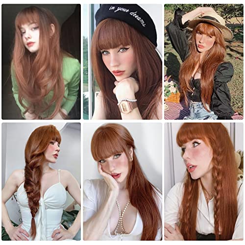 HAIRCUBE Long Auburn Wig with Bangs Layered Curly Orange Wigs for Women Natural Synthetic Wigs for Daily Use (pelucas de cabello natural)