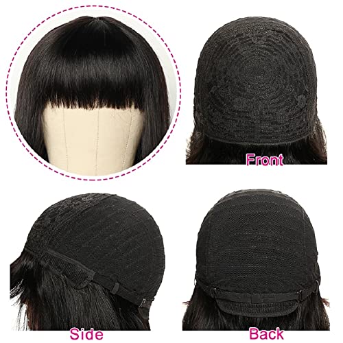 Rebasar Short Bob Wigs Human Hair 8 Inch Glueless Wear and Go Bob Wig With Bangs Human Hair Wigs for Black Women Brazilian Straight Hair No Lace Front Natural Black Wig