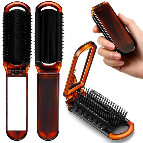 Nuenen 4 Pcs Folding Hair Brush with Mirror Portable Mini Hair Brush Small Compact Pocket Comb for Family Travel Car Gym Wig Bag Purse Gift Women(Tortoiseshell)
