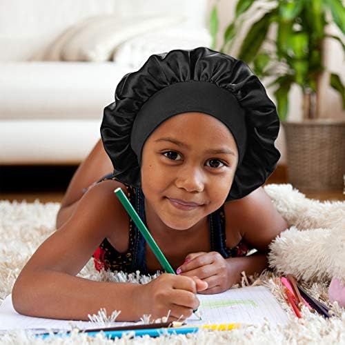 Kids Satin Bonnet Double Layer Wide Elastic Band Sleep Cap Hair Bonnet Silky Night Cap for Toddler Child