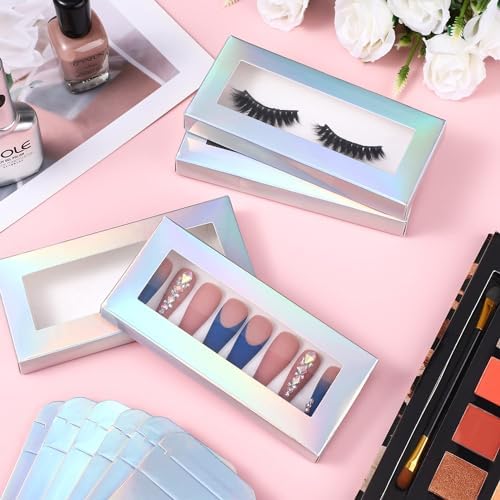 Noverlife 30PCS Empty Press on Nail Package with 30PCS Pullable White Paper Trays, False Nail Packaging Box with Clear Window, Nail Tip Package Boxes for Nail Salon Bussiness - Holographic
