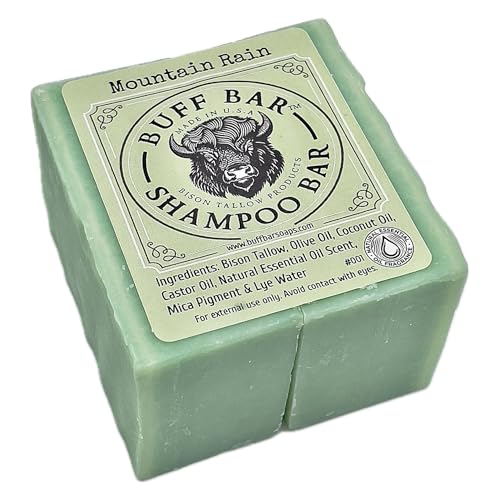 Pure Bison Tallow Buff Shampoo Bar, Mountain Rain, (2 pack) - Scents of Sea Salt, Moss, & Freesia - Cleans, Moisturizes, Naturally Derived, No Dyes, No Chemicals, No Preservatives