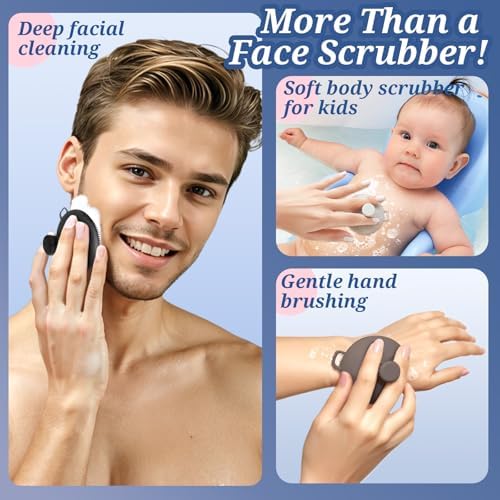 Silicone Face & Back Scrubber Set, Manual Face & Body Scrubber Exfoliator with Soft Bristles and Non-Slip Handle, Back Brush Bath Brush with 2 Detachable Brush Heads(3PCS Black Set)