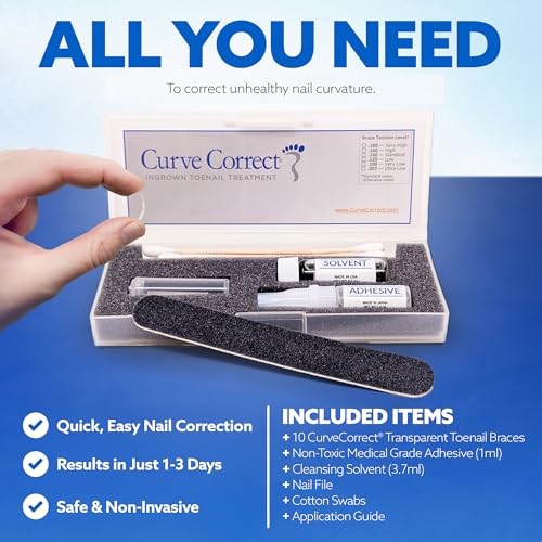 CurveCorrect® Ingrown Toenail Treatment Kit - Ingrown Toenail Corrector Kit with 10 Braces - at Home Ingrown Toenail Correction - Big Toe Ingrown Nail Treatment